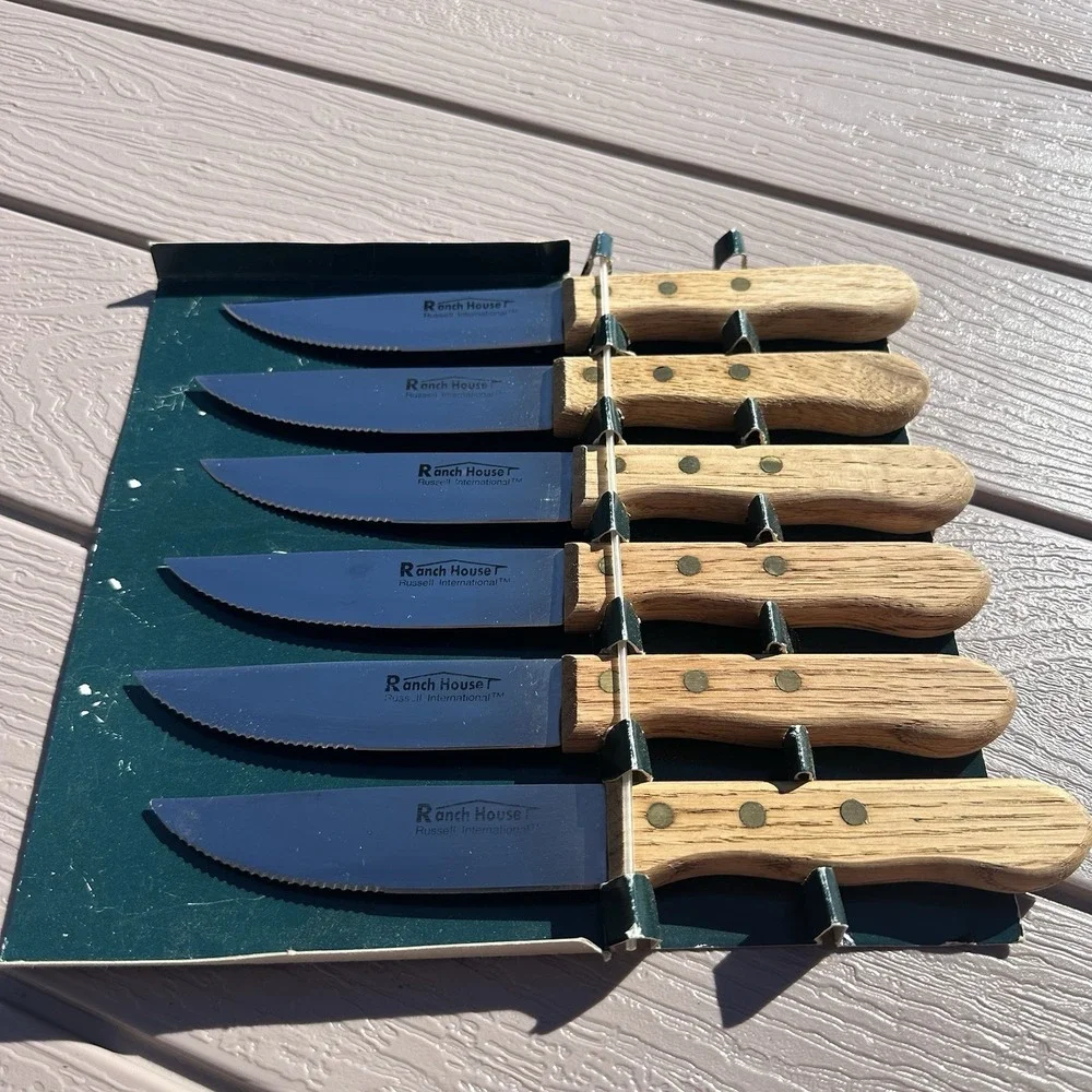Set of 6 Russel International Steak Knives‎ WA Forge Wood Handle Stainless Steel